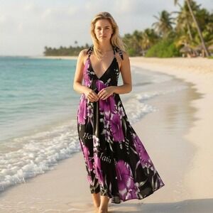 Aloha Fashion Hawaiian Floral Dress One Size Black Purple V-Neck Beach Vacation